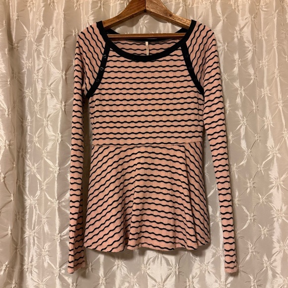Free People Tops - Free People Pink Black Wavy Stripe Pointelle Peplum Top